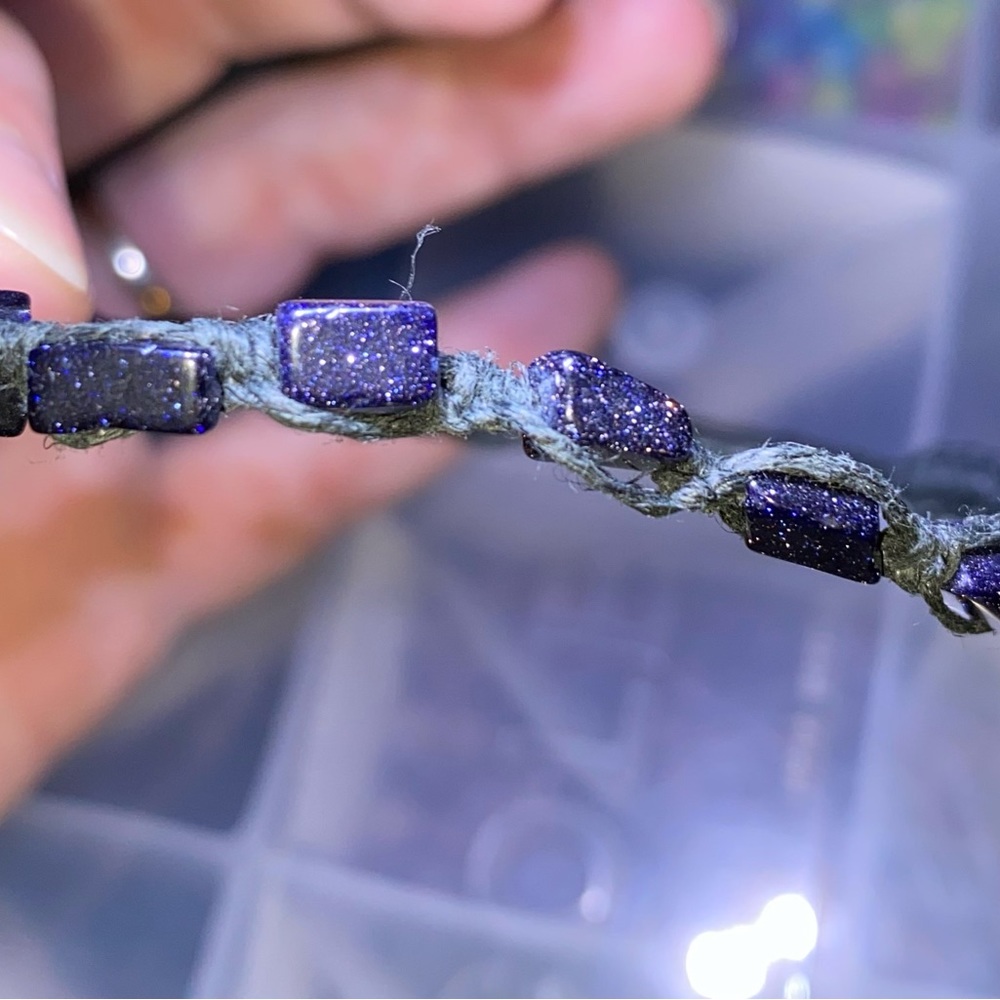 HANDCRAFTED/HANDMADE Blue Goldstone Chip Beads with Black Hemp Cord